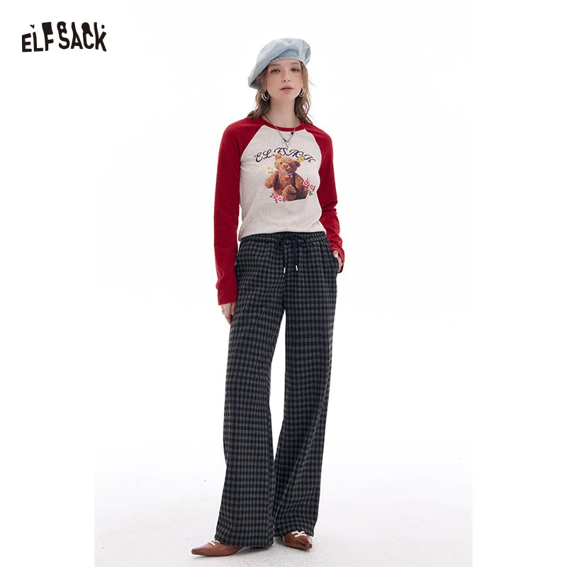 

ELFSACK Y2K Fine Plaid Draped Straight Leg Floor Length Wide Pants For Women
