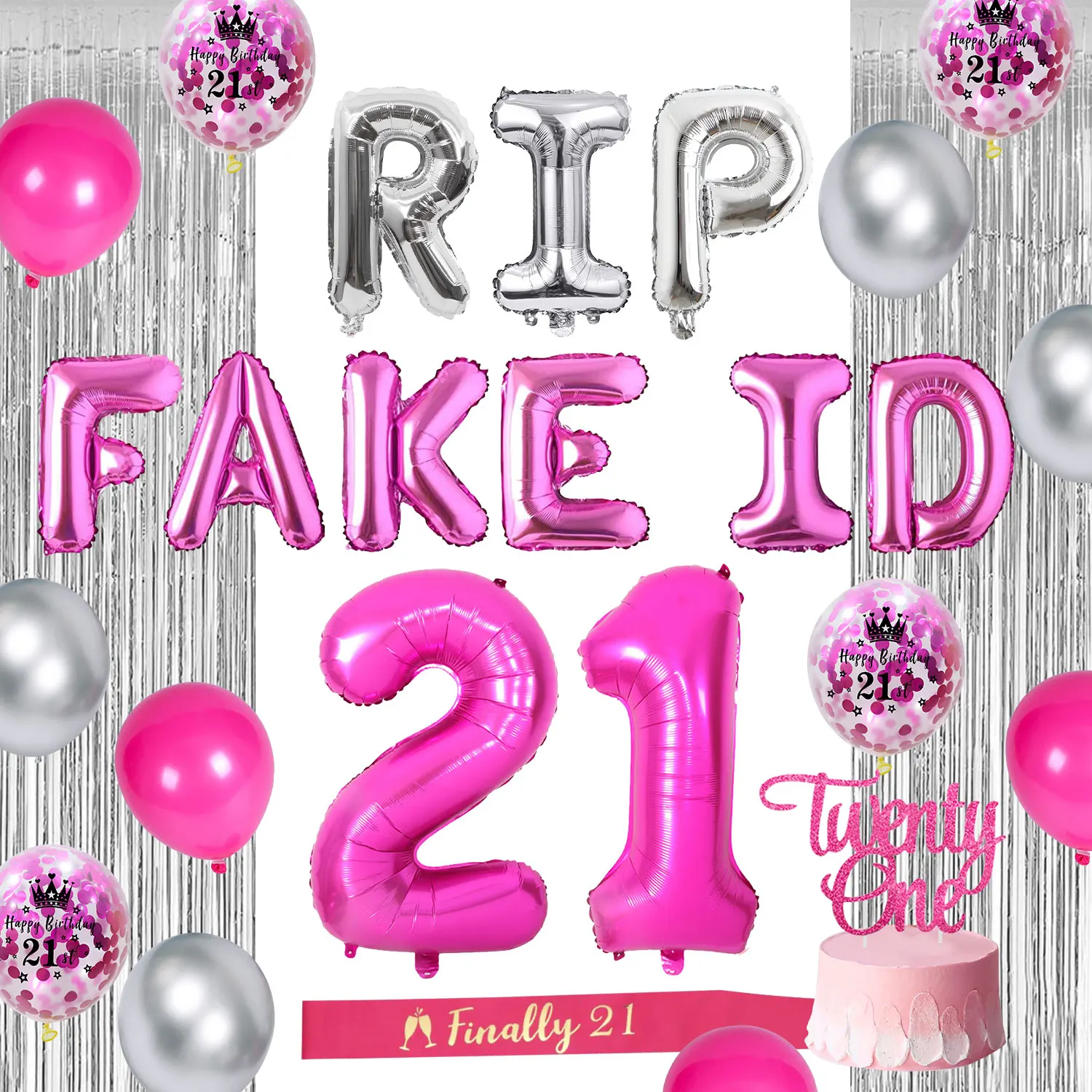 RIP FAKE ID 21 Balloon, Foil Fringe Curtains, Pink Sash, 20 Birthday Party Supplies