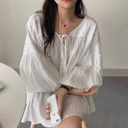 Oversized Loose Lantern Sleeve Dress New Korean Style Mid-Length Shirt Dress Hollow out Tied Solid Color Shirt Dress