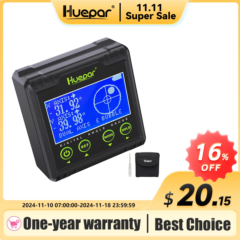 Huepar AG03 Digital Angle Gauge Protractor Electronic Bubble Angle Finder Dual Axis Level Box LCD Inclinometer Bevel Gauge 0~360