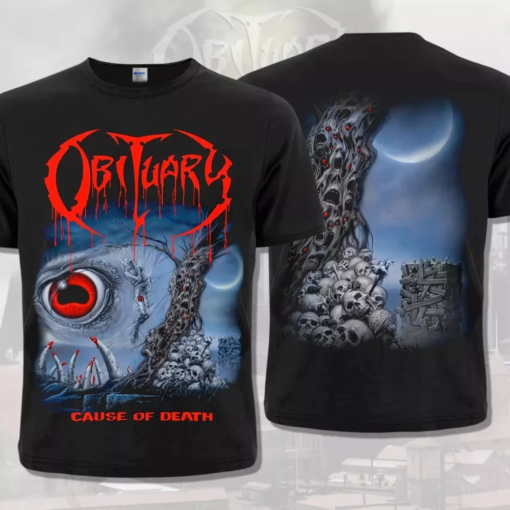 2025 เสื้อยืดสีดํา Obituary Cause of Death1990 Brutal Death Metal กราฟิกผู้ชายสีดําเสื้อยืดแขนสั้นเสื้อผู้หญิงฤดูร้อน