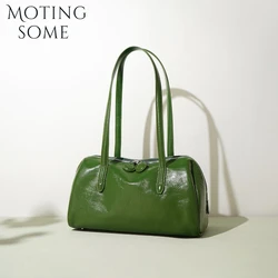 Motingsome Green Bags Retro Women Bag Luxury Oil Wax Cowhide Leather Handbag Vintage Boston Pillow Purses Lady Daily Purses 2024