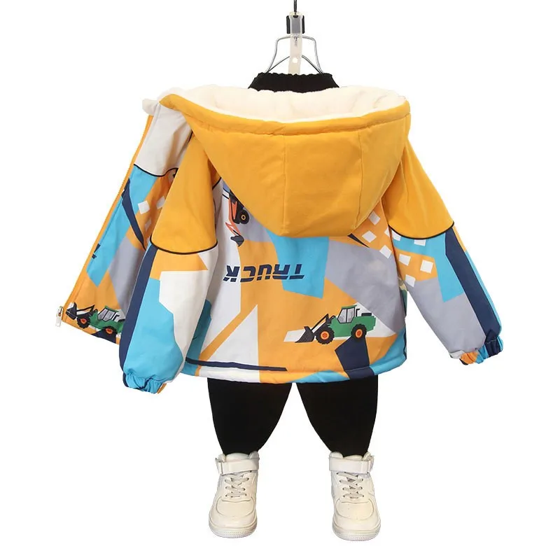 

Boys Cartoon Engineering Vehicle Jackets Winter Add Velvet Thick Warm Coat Girls Sports Casual Windbreaker Outerwear Kid Clothes