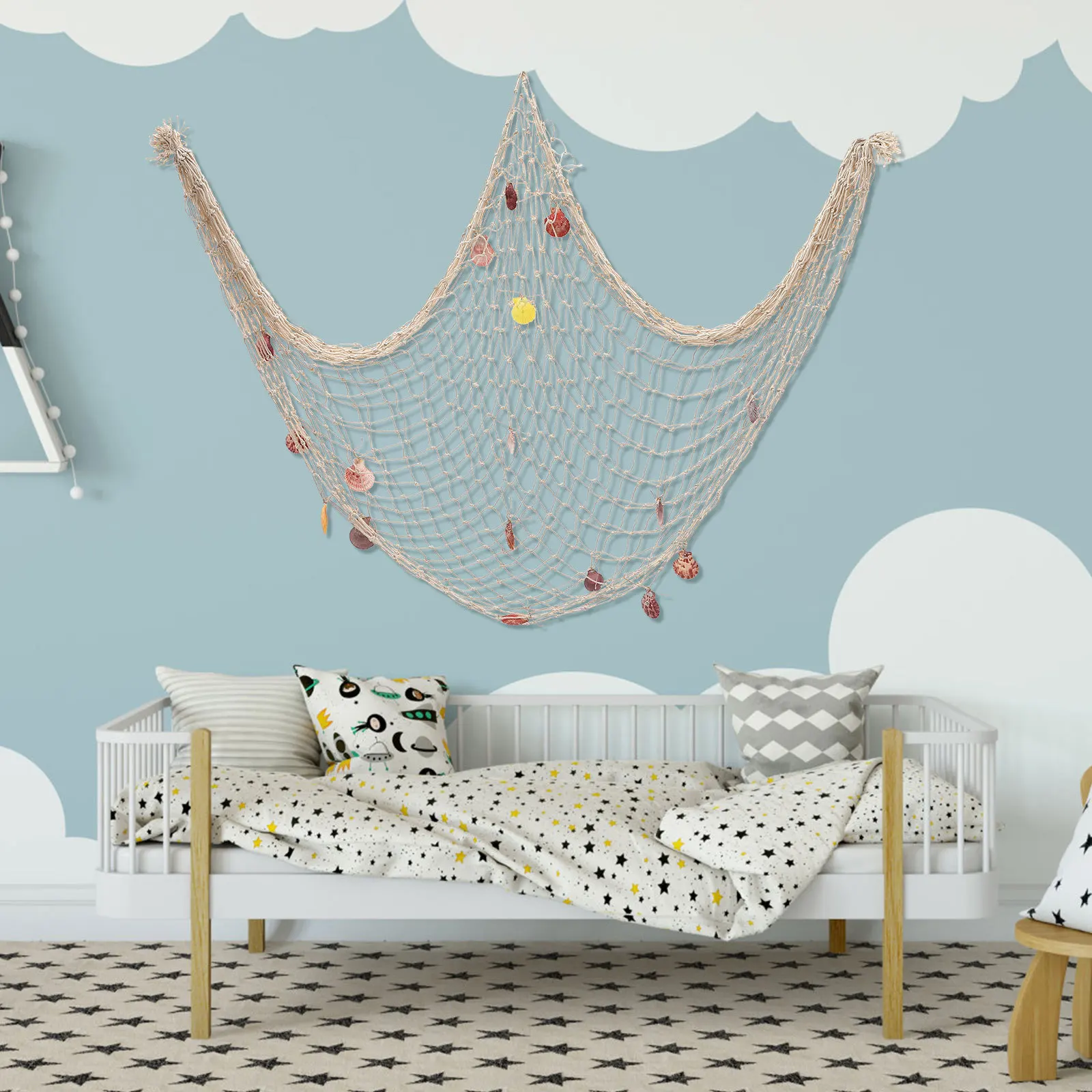 

17pcs Decorative Fishing Net With Shells Nautical Wall Hanging For Bedroom Living Room Cotton Rope Grids Hanging Decor Fishing