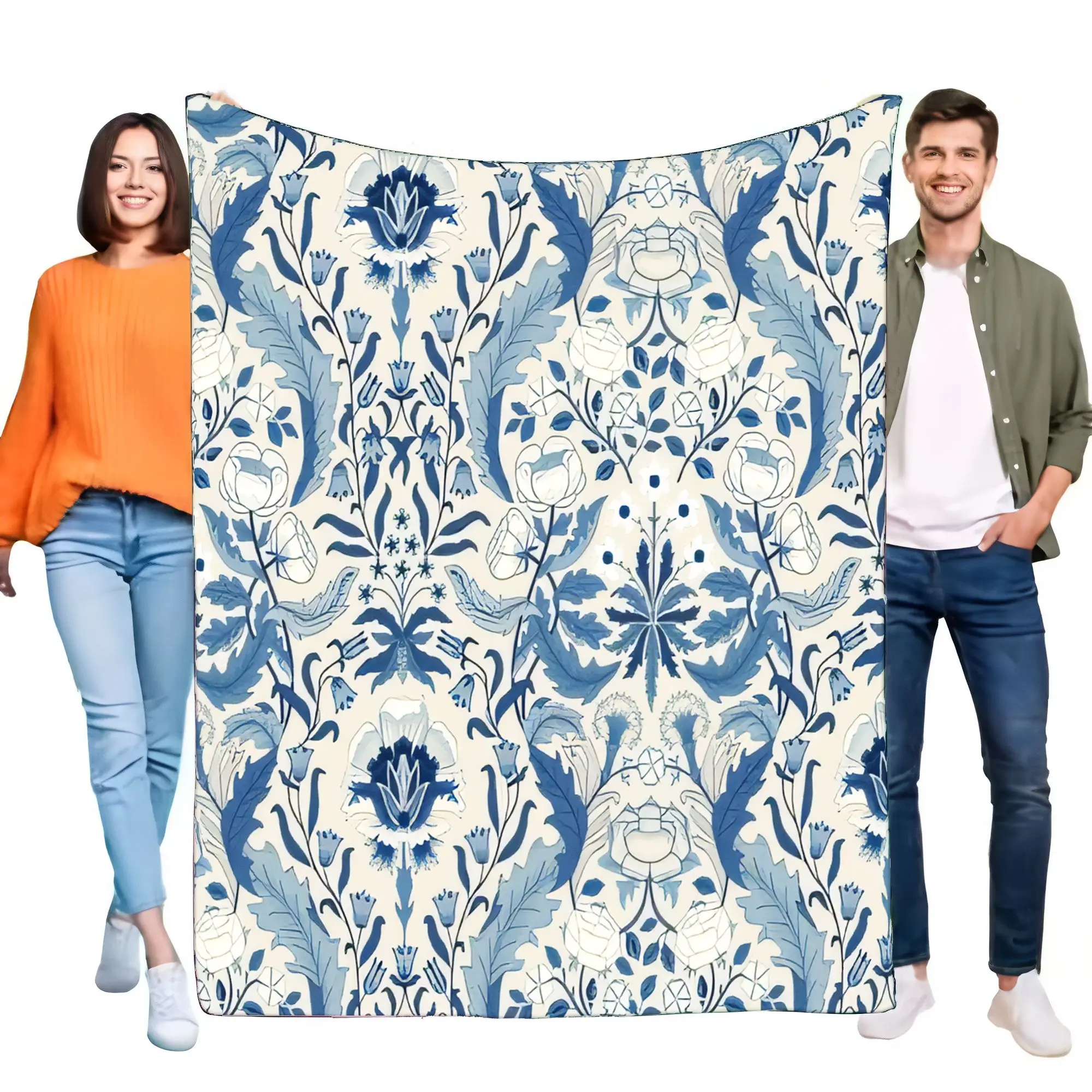 William Morris Style Blue Floral Blanket, Soft Cozy Lightweight Throw for Bed Sofa Home Decor Aesthetic Gift