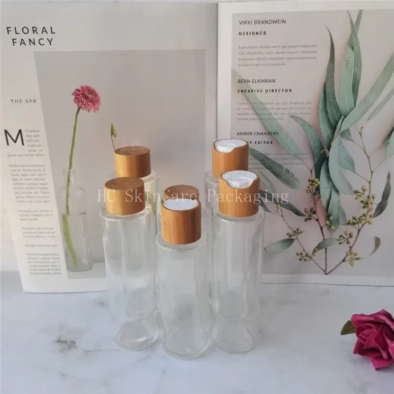 

round home travel Eco Friendly Cosmetic Packaging Empty Body Lotion Bottle with Bamboo Screw Cap and wooden bamboo Disc Cap