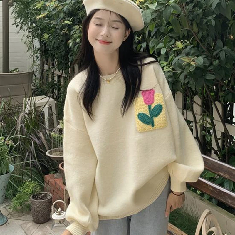 

Flower Flocking Loose Pullover Sweater 2023 Autumn Winter New O-Neck Casual Sweater Women's Lantern Sleeves Preppy Style Sweater