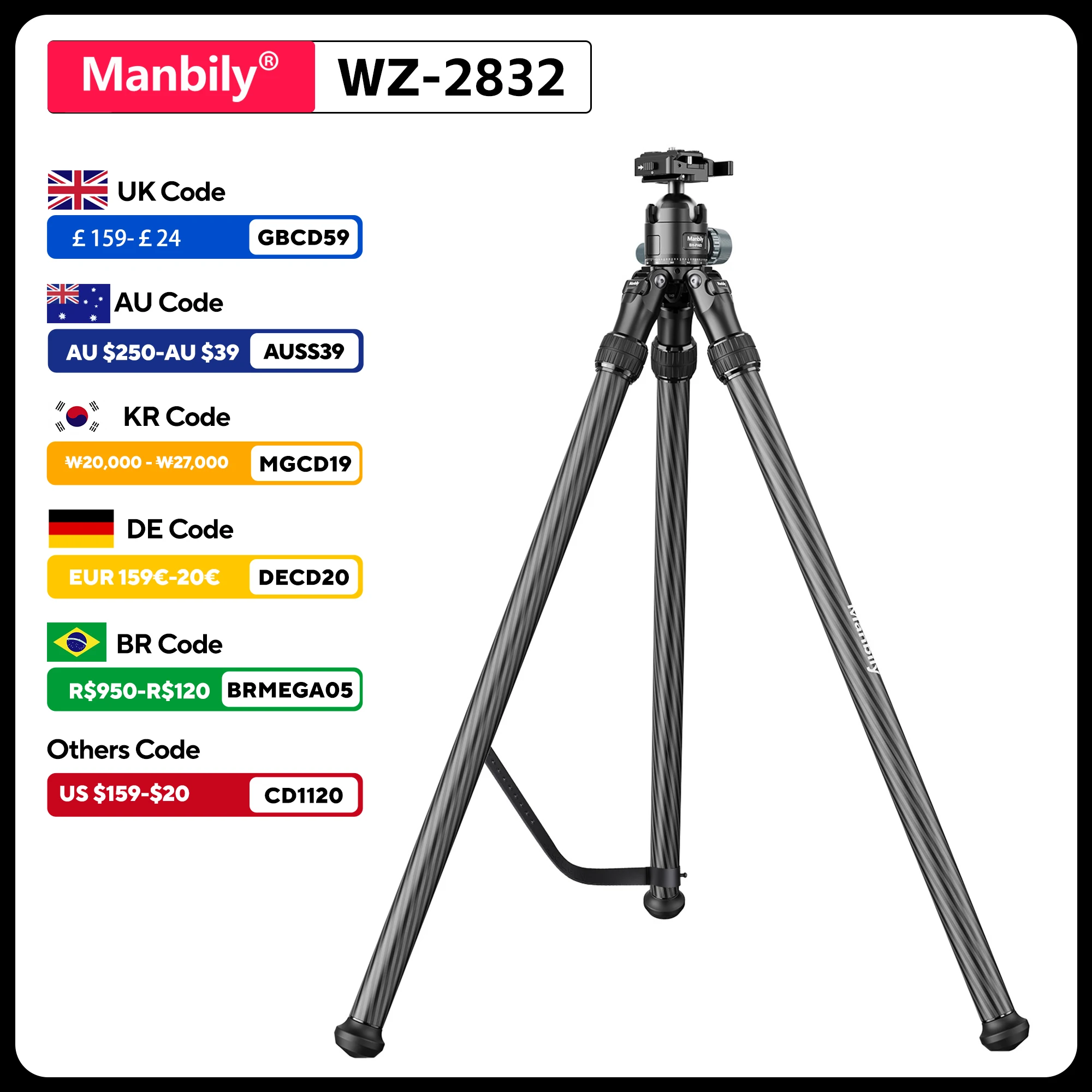 Manbily المهنية ألياف الكربون حوامل ثلاثية الراحة للتصوير الدقيق قابل للتعديل الثقيلة رئيس الصيد الراحة للفيديو في الهواء الطلق