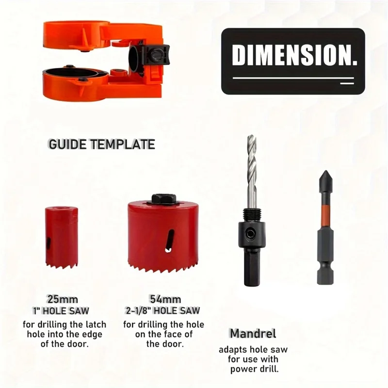 Kit fresco para instalação de fechaduras de portas de madeira, inclui serra de furo de 2-1/8 "–1", modelo guia e 2 pontas de chave de fenda