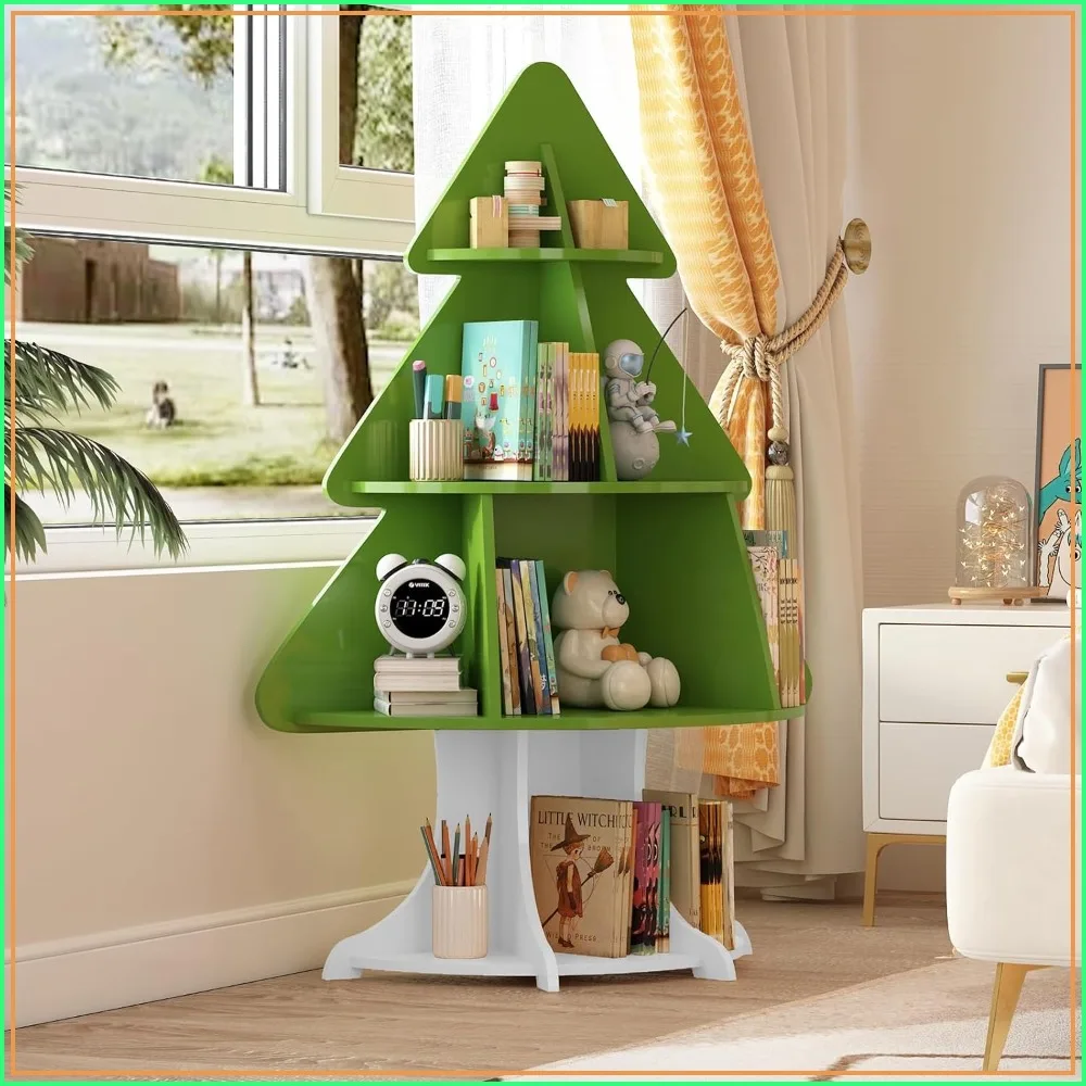 HedoAjim Christmas Tree Kids Bookshelf 4-Tier Wood Storage Rack