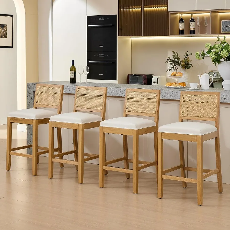 Counter Height Bar Stools Set of 2 for Kitchen Island Use, Rattan Back and Linen Seat in Beige, Comfortable and Stylish