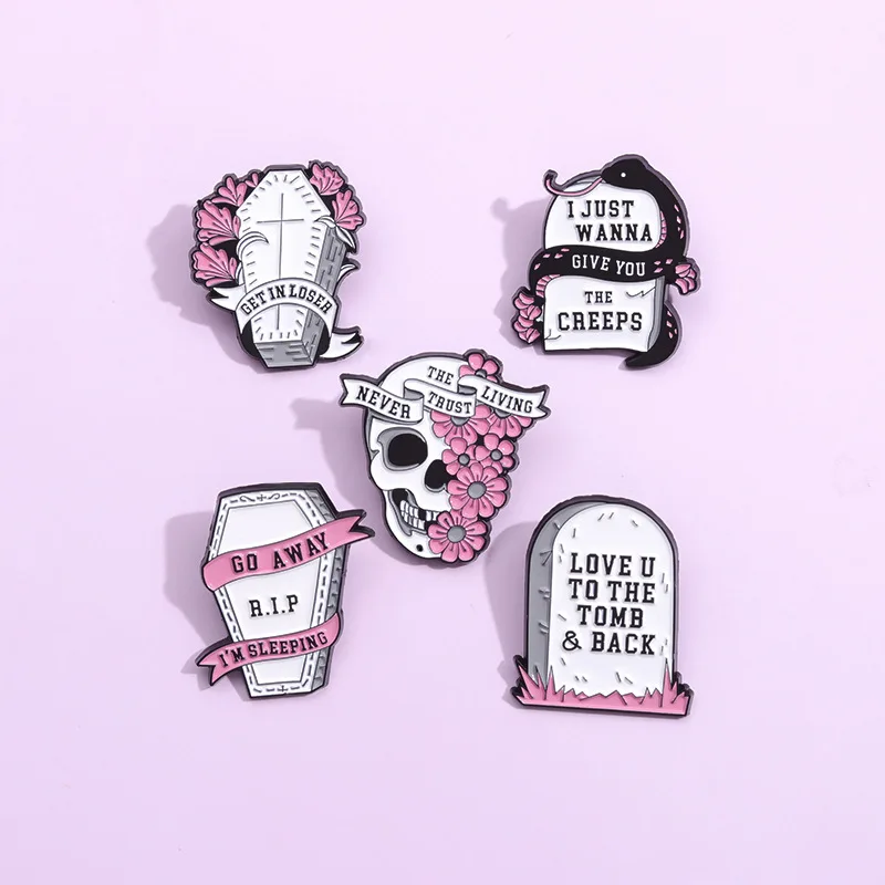 Halloween tengkorak merah muda gravestone Enamel pin bros pakaian ransel kerah lencana perhiasan aksesoris untuk unisex hadiah