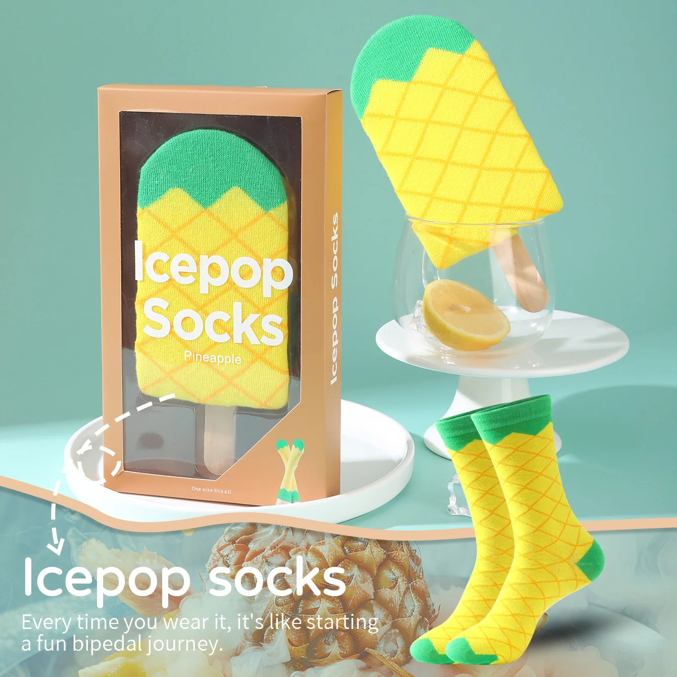 1 pair of unisex mid-calf socks in a novelty and fun pineapple ice cream popsicle gift box, creative socks with a fashionable and trendy style, comfortable and breathable, suitable for parties, casual wear, Valentine's Day, Halloween, birthdays, Christmas, New Year, Thanksgiving, autumn and winter, all-season styles, creative gift box