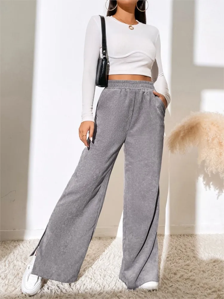 Autumn And Winter New Commuting High-waisted Casual Pants Women's Simple Solid Color Corduroy Stitching Split Hem Trousers