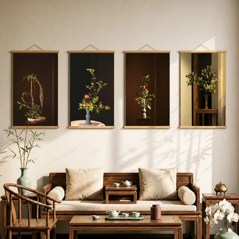 Wall Decor Minimal Ikebana Flowers against Dark Walls, Pearlescent Canvas Hanging Scroll for Flower Arrangement Studio Interior