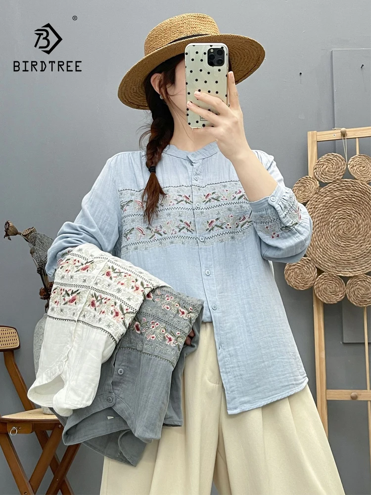 

Новая женская хлопковая рубашка с длинным рукавом на весну 2026 года, с цветочной вышивкой, в японском стиле Mori Girl, повседневная свободная блузка T61058CC