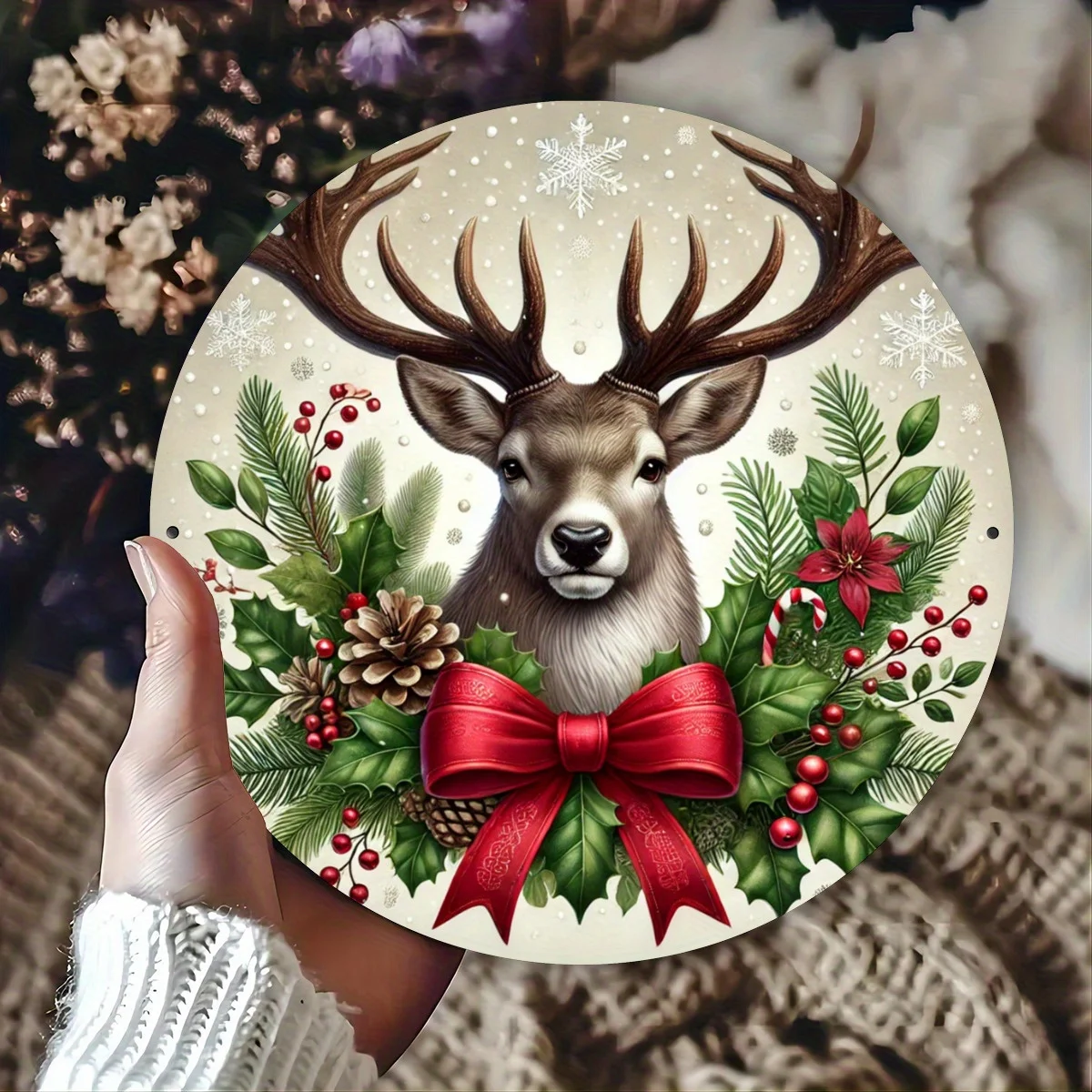2D Snug Festive Xmas Reindeer Motif Wooden Circular Platter Furniture Hanging Ornament Bistro Cafe Quarters Lounge Decor