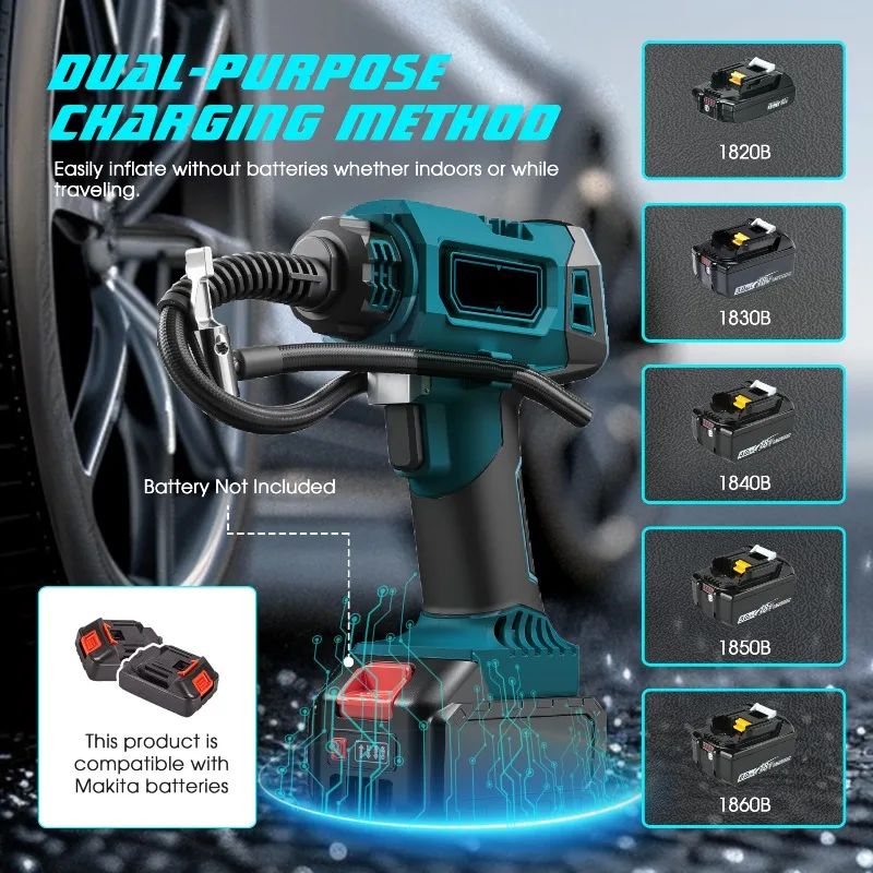 Cordless Tyre Inflator Portable Handheld Air Pump with Digital Pressure Gauge for Makita/Milwaukee 18V Li-ion Batteries for Cars