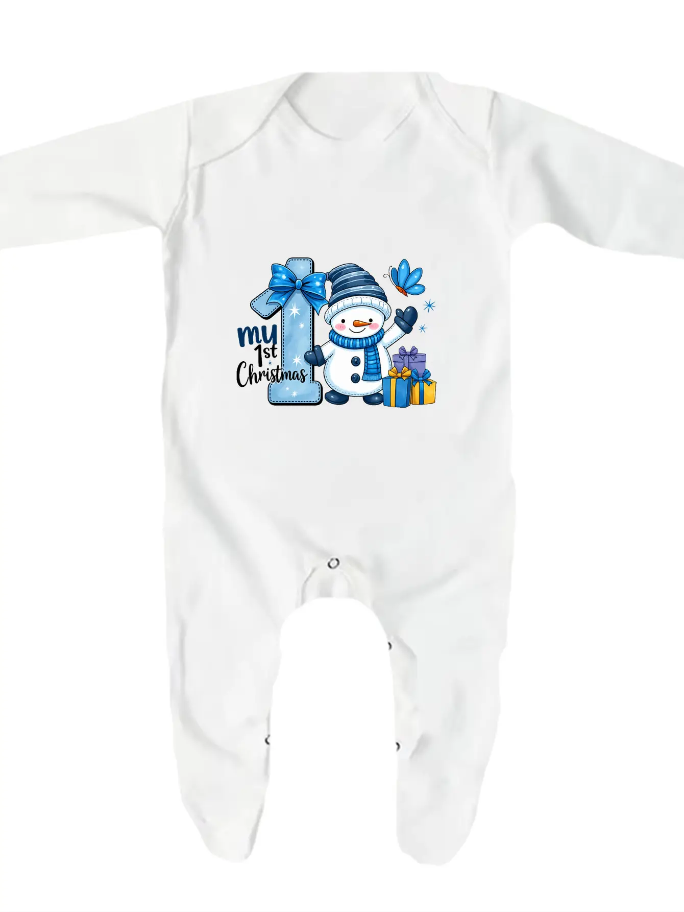 My First Christmas Baby Footed Romper Cute Blue Snowman Print Long Sleeve Newborn Jumpsuit Infant Christmas Outfit Clothes Gift