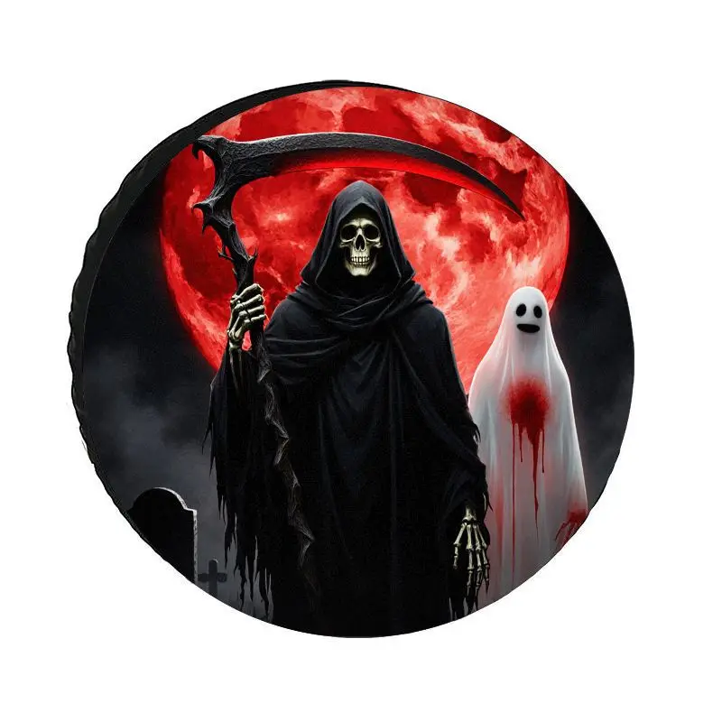 Halloween Blood Grim Reaper Ghost Graveyard Car Tire Cover, Made Of Polyester Fiber, Dustproof And Sunproof Tire Cover, Durable