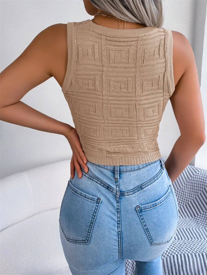 Sommer Damen T-Shirt mit Cut-Outs, einfarbig, mit Buchstaben, ärmellos, gestrickt, lässig, schmal geschnitten, Rundhalsausschnitt, 2024 Mode T-Shirt – Detail 9