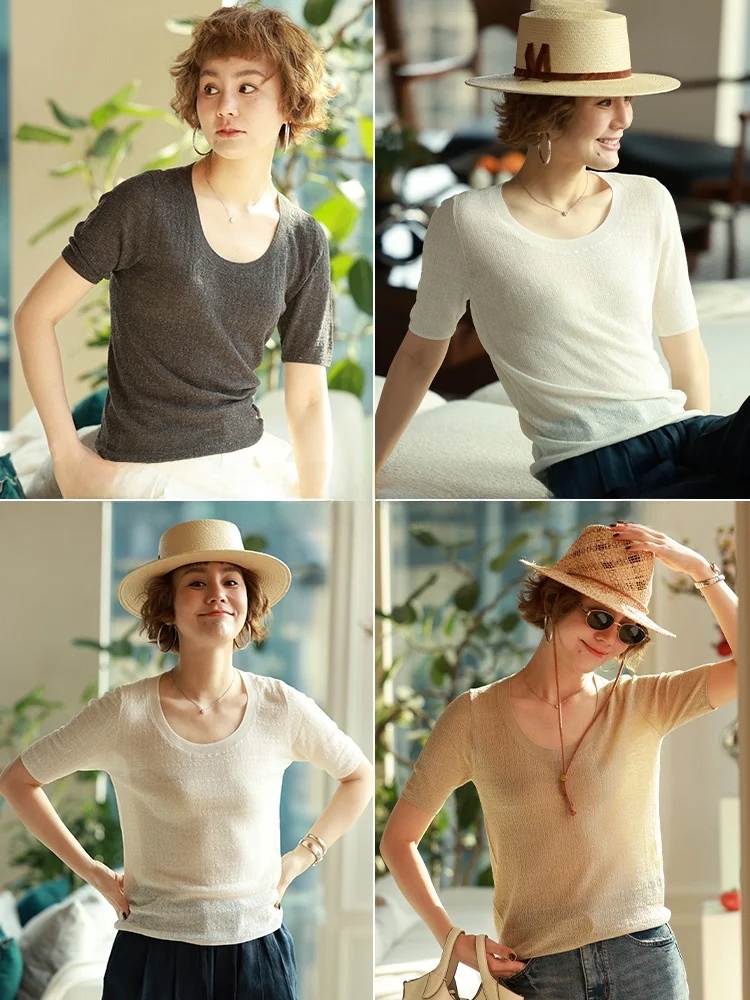 

Женский топ WinnieTang из шелка и льна, трикотажный, с U-образным вырезом, эластичный, приталенный, с фактурной отделкой, повседневный