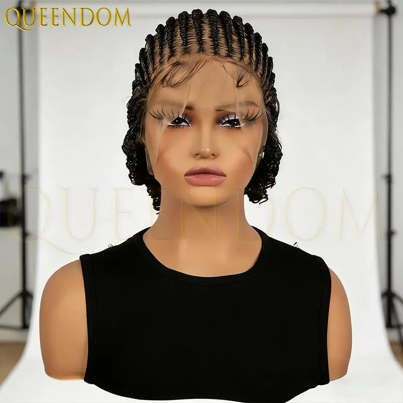 Peruca sintética curta bob, renda frontal completa, cornrow, caixa sem nós, trançada, com cabelo de bebê, 8 polegadas para mulheres