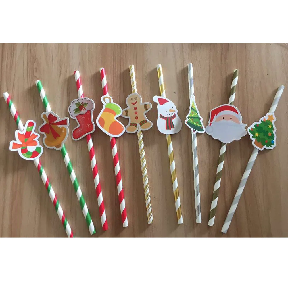 

50 Pcs Cake Decorations Straw Mix Cartoon Drinking Straws With Toppers Hat Paper Christmas