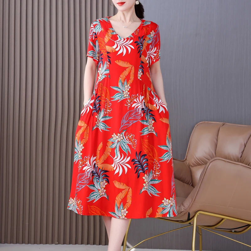 New Fashion 2024 Summer Dress For  Women  Plus Size Print Vintage Bohemia O-Neck Dress Sundress Women Clothing