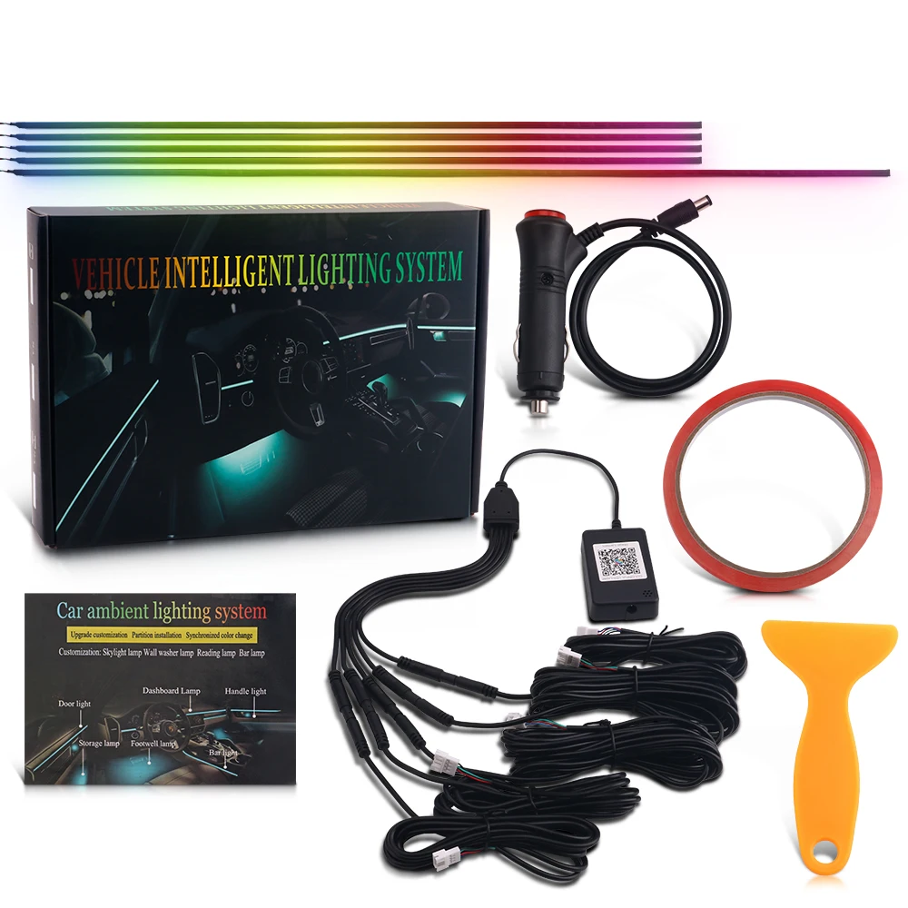 

5 in 1 Symphony RGB LED Car Atmosphere Light Acrylic Strip Fiber Optic Light Cigarette Plug APP Control Decoration Ambient Light