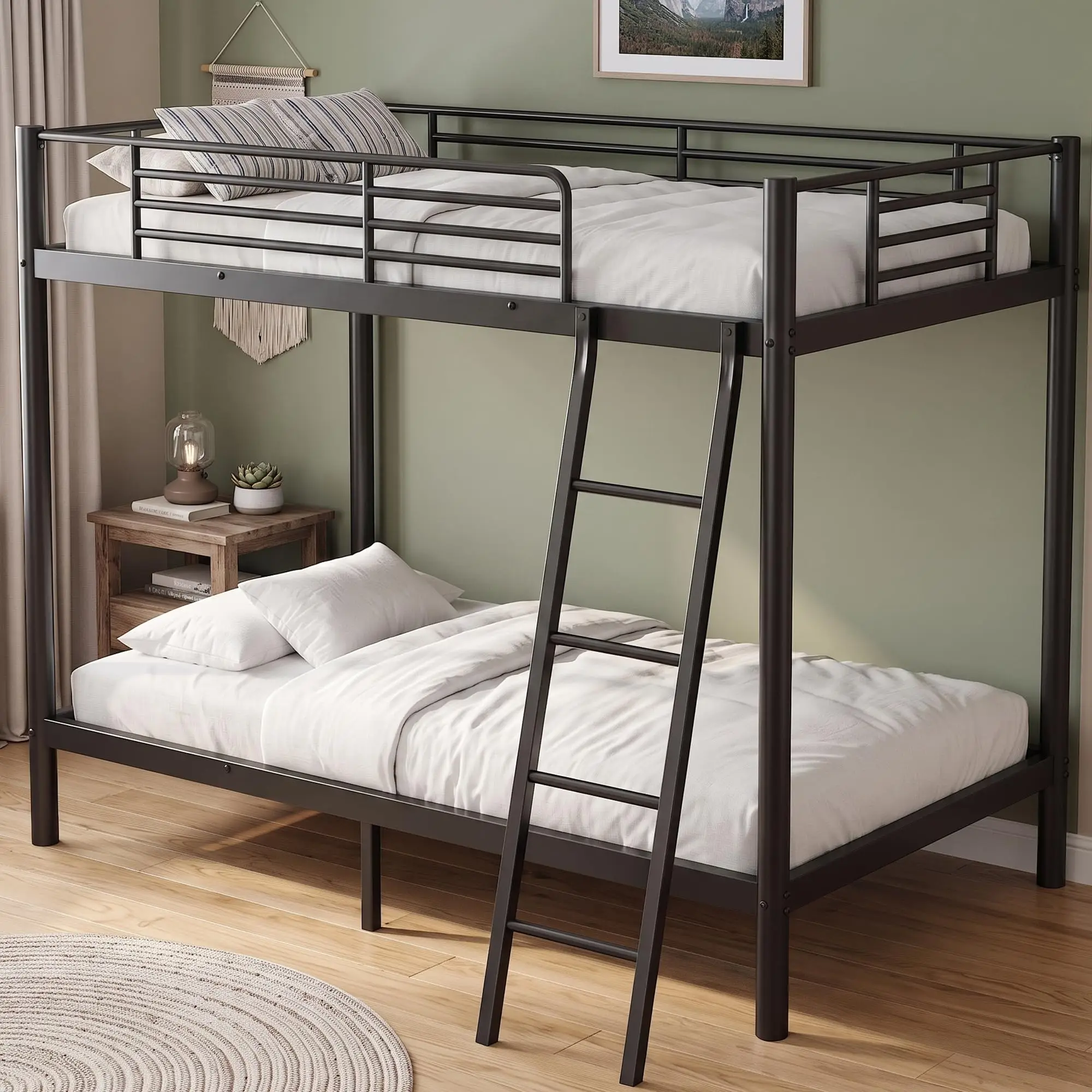 Bunk Bed Twin Over Twin, More Sturdy Heavy Duty Metal with Safe Guardrails & Ladder, Noise-Free Design for Teens and