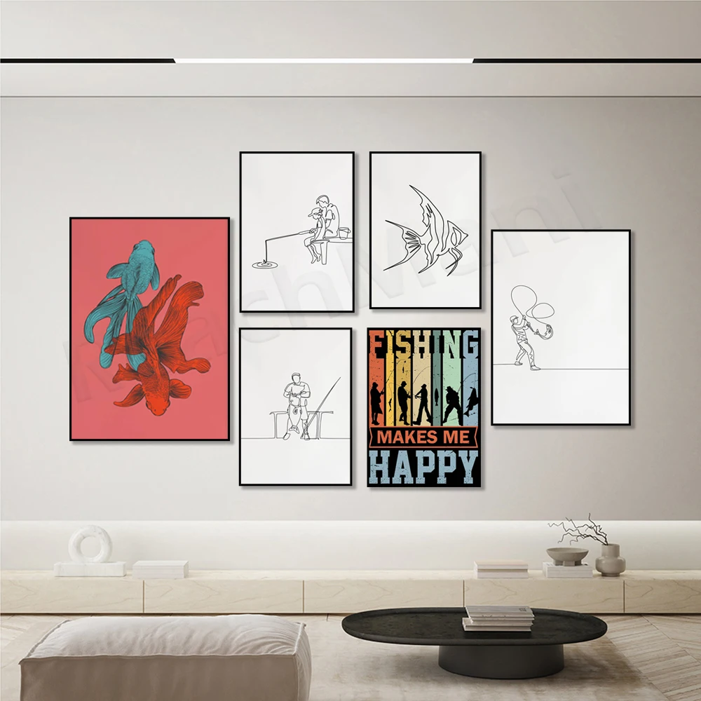 Minimalist Fisherman Line Poster, Koi Fish, Angelfish, Fishing Makes Me Happy, Fisherman Print, Groovy Quote, Angler, Dad Gift