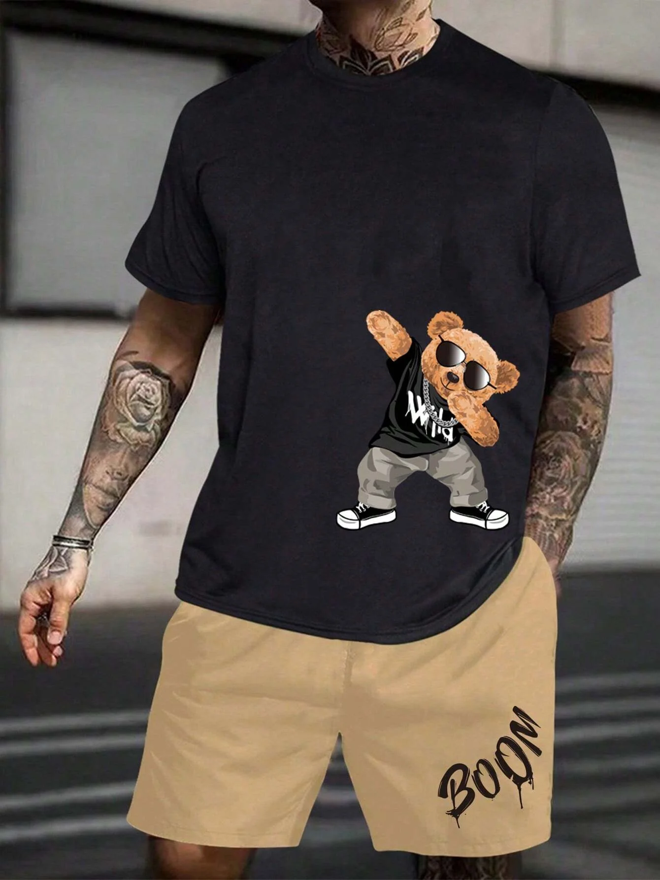 Men\'s round neck casual summer T-shirt with cartoon characters and letter patterns, short sleeves and drawstring shorts