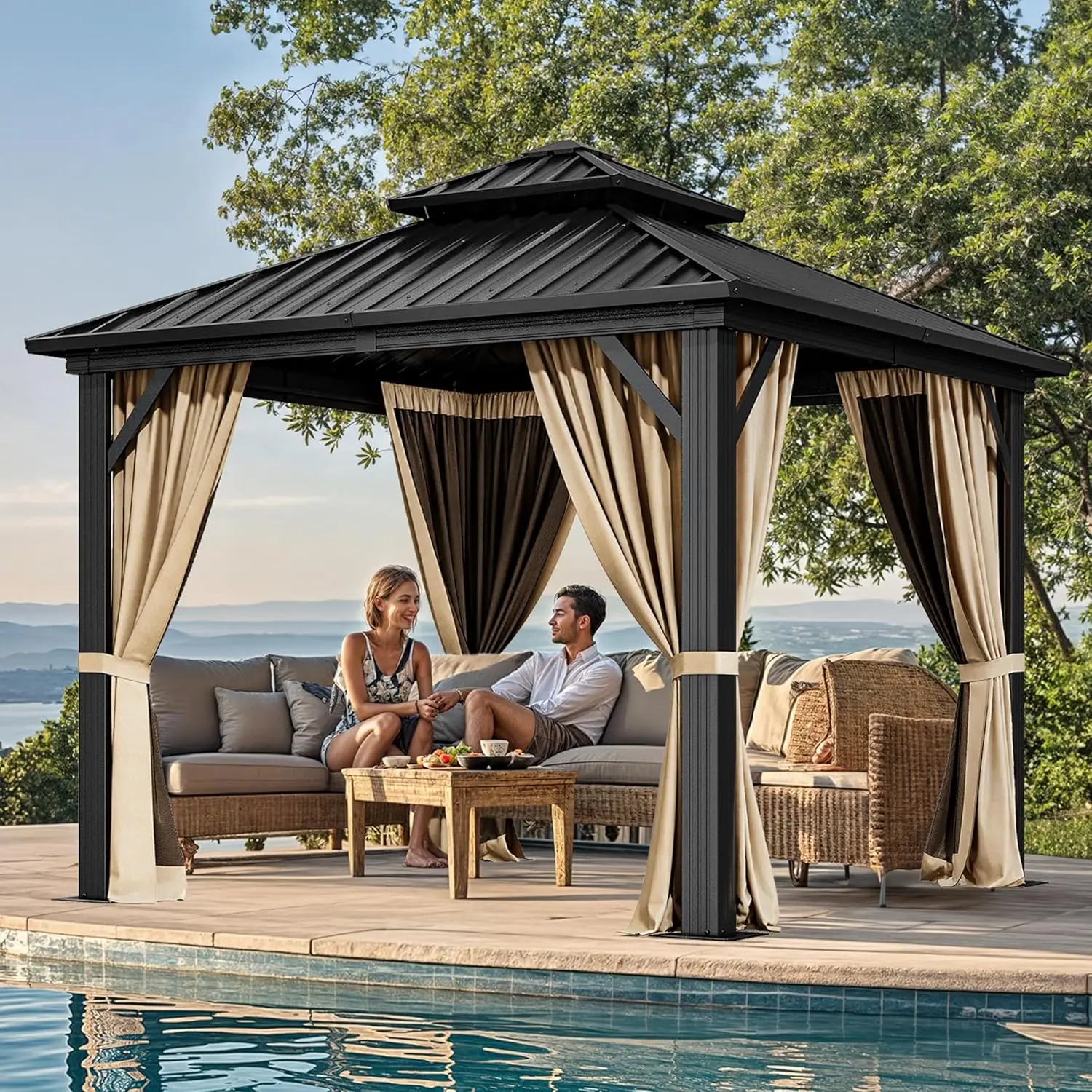 

10x10ft Hardtop Gazebo Double Roof Netting Curtain Heavy Duty Galvanized Steel Outdoor Patio Backyard Deck Lawn Customized