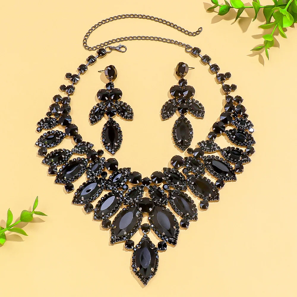 Stonefans Exquisite Earrings Necklace Set Leaf Exaggerate Accessories Luxury Black Rhinestone Bridal Jewelry Sets Prom for Women