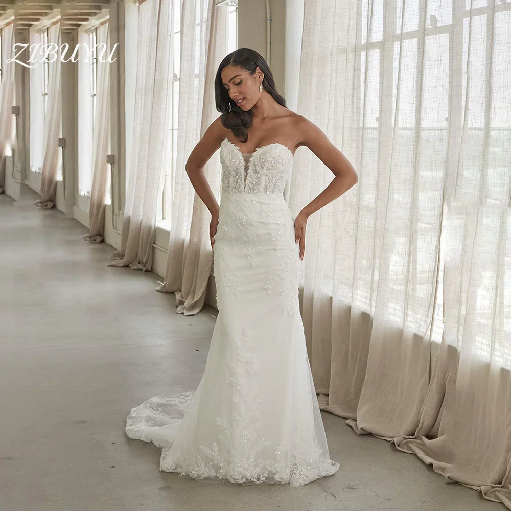 

ZIBUYU Customized Elegant Luxury Wedding Dress 2026 Sleeveless Sweetheart Floor Length Lace Applique Bodice Mermaid Bridal Gowns