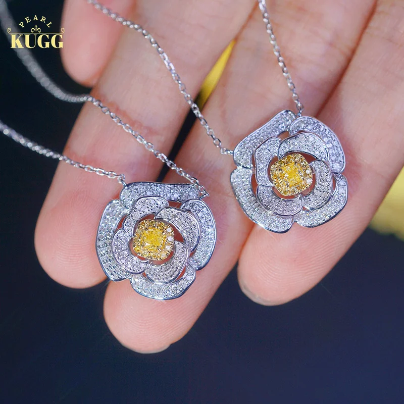 KUGG 18K White Gold Necklace Luxury Romantic Rose Design Real Natural Yellow Diamond Pendant Necklace for Women Christmas Gift