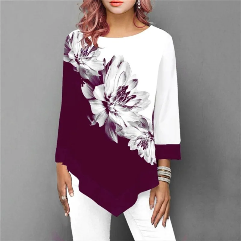 Fashion Women New Spring Shirts Floral Print Irregular Hem Blouse 5XL Big Size Women Clothing Casual 3/4 Sleeve Shirt Oversized