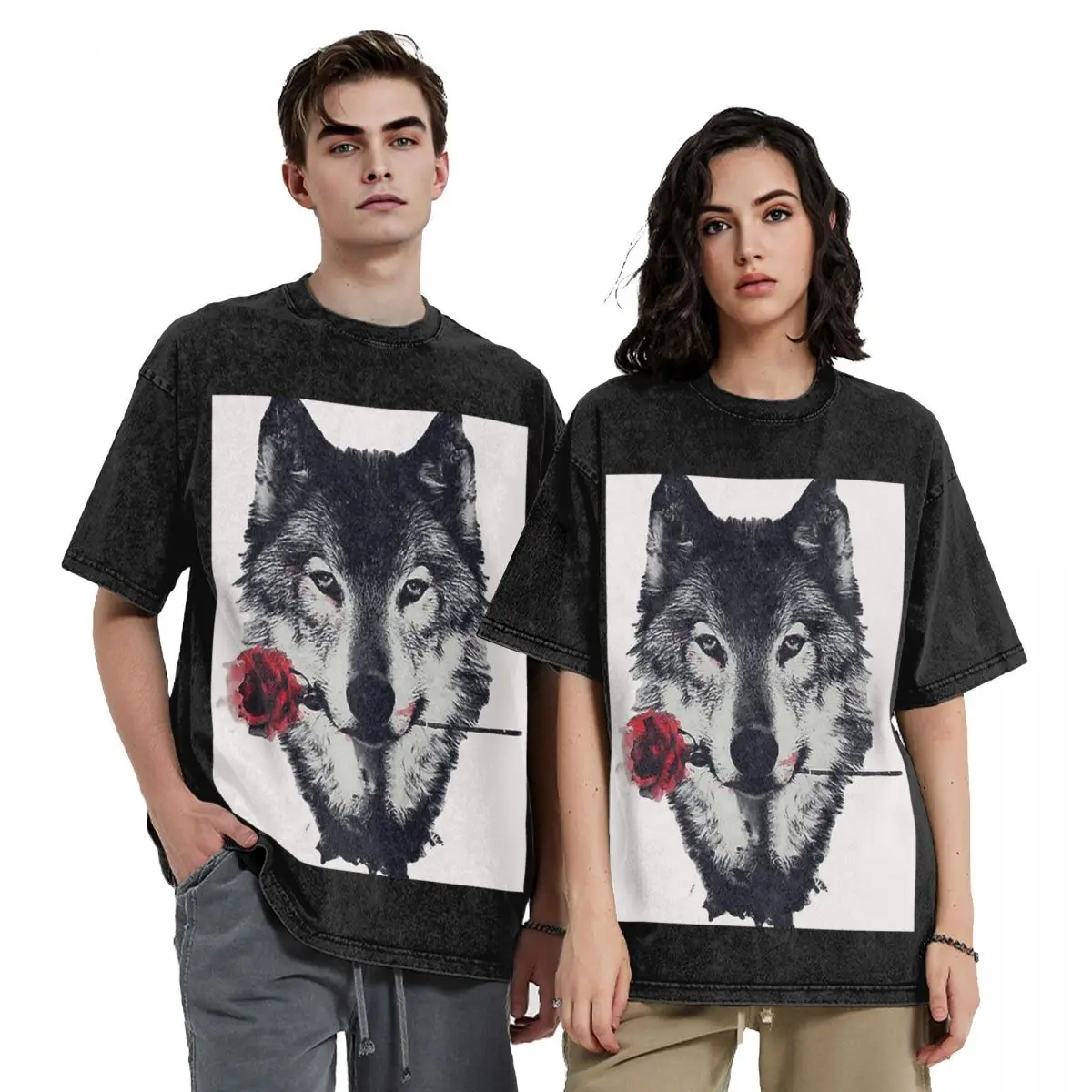 

Футболки с волком и розой в стиле хип-хоп с короткими рукавами, потертые топы, футболки, уличная футболка большого размера для мужчин и женщин