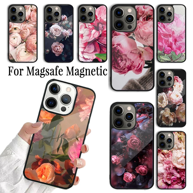 Phone Case For iPhone 16 15 14 13 12 Mini 11 Pro Max Plus Magsafe Magnetic Wireless Charging Cover Colorful Flower Rose Peony