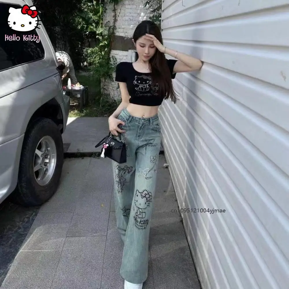 Y2k sanrio hello kitty jeans dos desenhos animados calças compridas anime calças de perna reta bonito retro cintura alta jeans doce meninas estudante