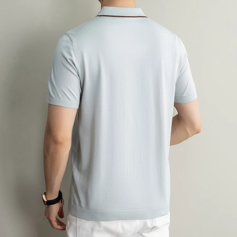 Men's T-shirt 2026 Summer New 100% Lyocell Short Sleeved POLO Collar Knitted Tops Business Casual Color Blocking Men's Clothing