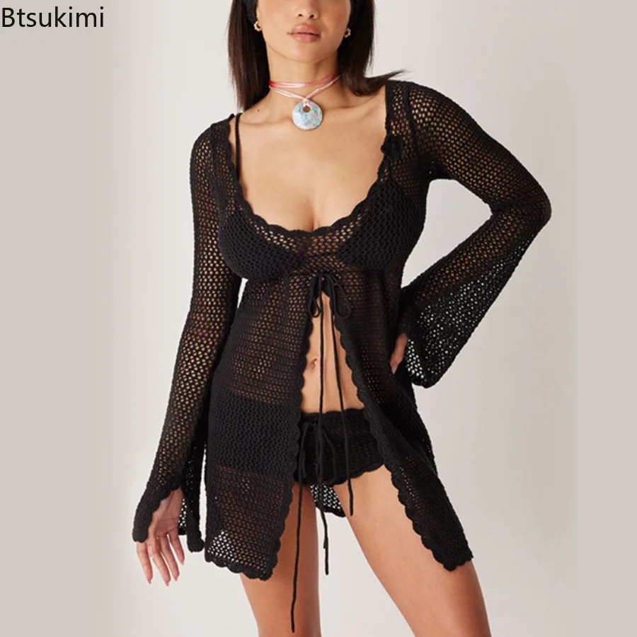 2025 u-pescoço cover-up praia rendas até vestido feminino sexy oco para fora malha manga longa alargamento maiô senhora casual férias beachwear