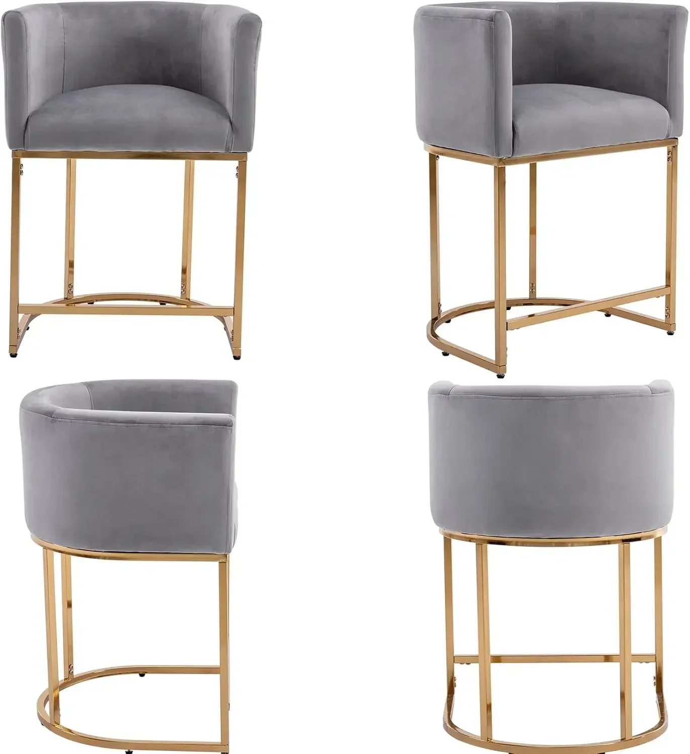 مقعد بارتفاع منضدة مخملية مع ظهر وأذرع منجدة ووسادة مقعد بإطار معدني ذهبي لجزيرة المطبخ #5