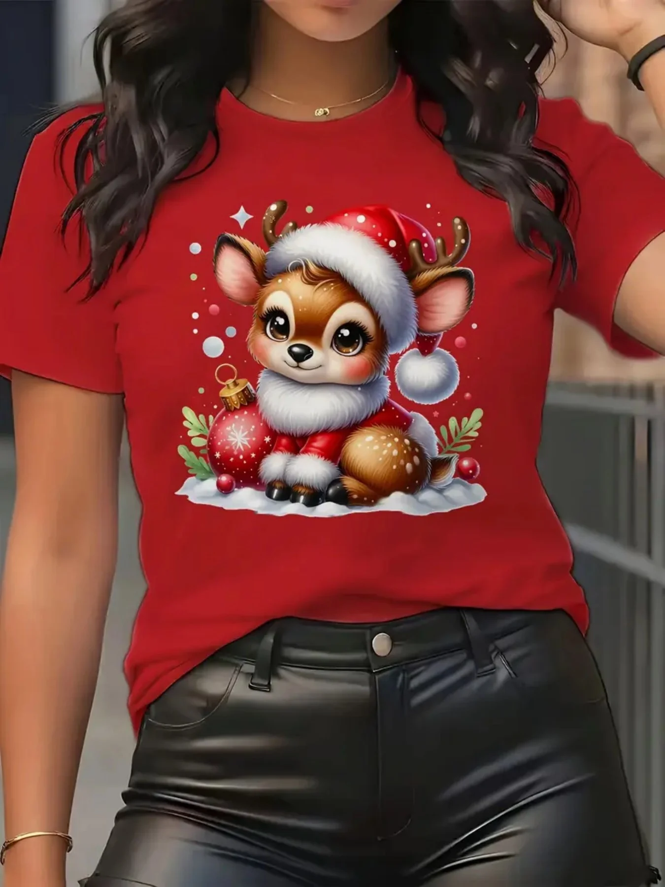 Women's Red Christmas with Cute Deer Santa Hat Holly Berry Reindeer Round Neck Holiday Parties Xmas Outfits Pink Ears Hooves