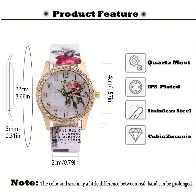 Boho Rhinestone Decor Quartz Watch Rose Flower Dial Analog PU Leather Dress Watch For Women