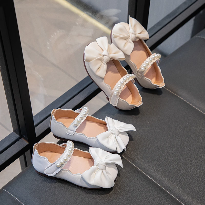 

Girls' Matte Leather Mary Jane Flats Bowknot & Pearl Trim Velcro Strap Princess Style Casual Party Dress Footwear Boys Shoes