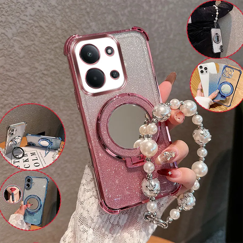 Glitzer-Lippenstift-Spiegel-Ständer-Handyhülle für Xiaomi Redmi 15C Eur Global Poco C85 mit Perlenkette, stoßfest und schützend gegen Stürze.