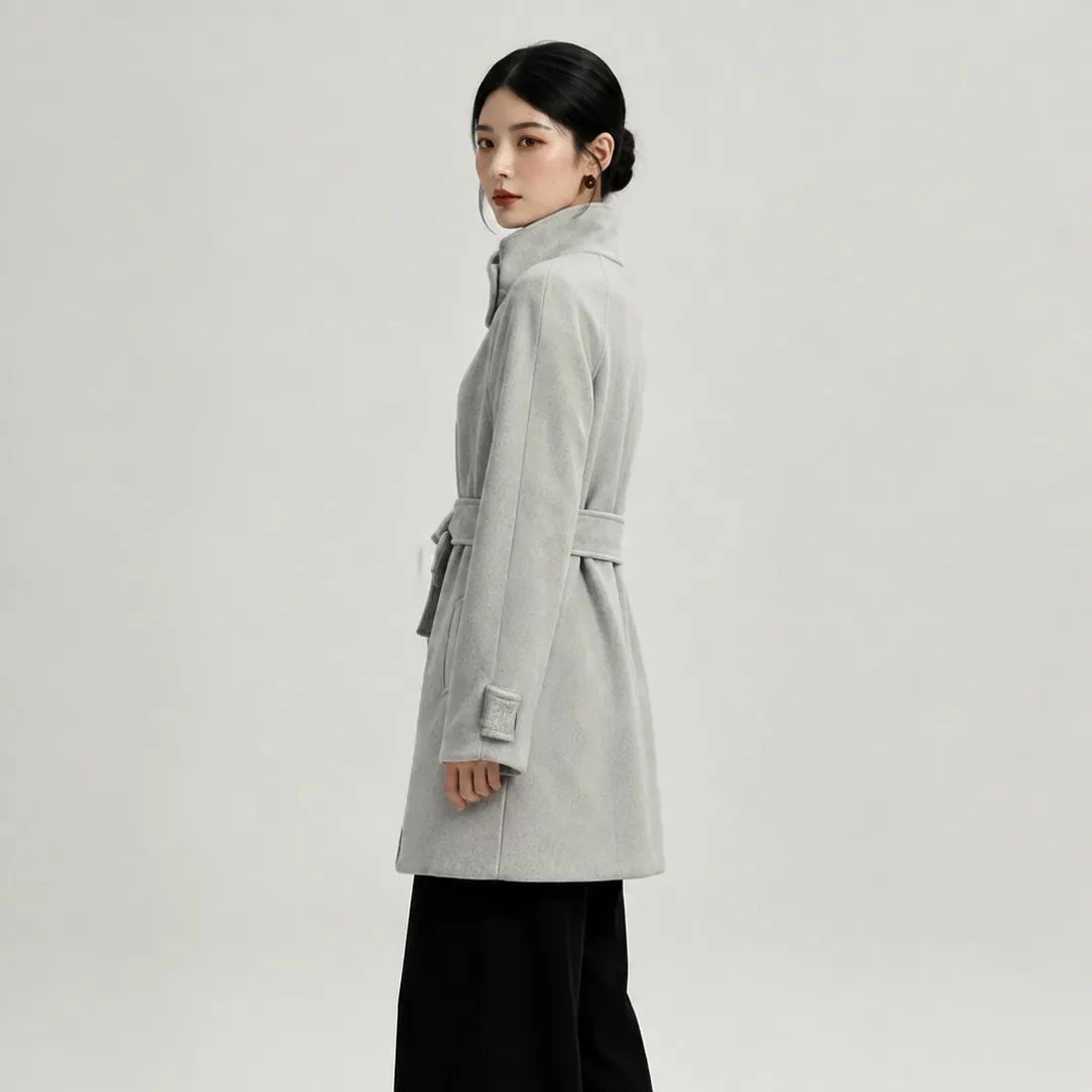 Women's Korean Style Wool Blended Mid-Length Coating Standing Collar with Diagonal Buttons Belted Waist Slimming Outerwear