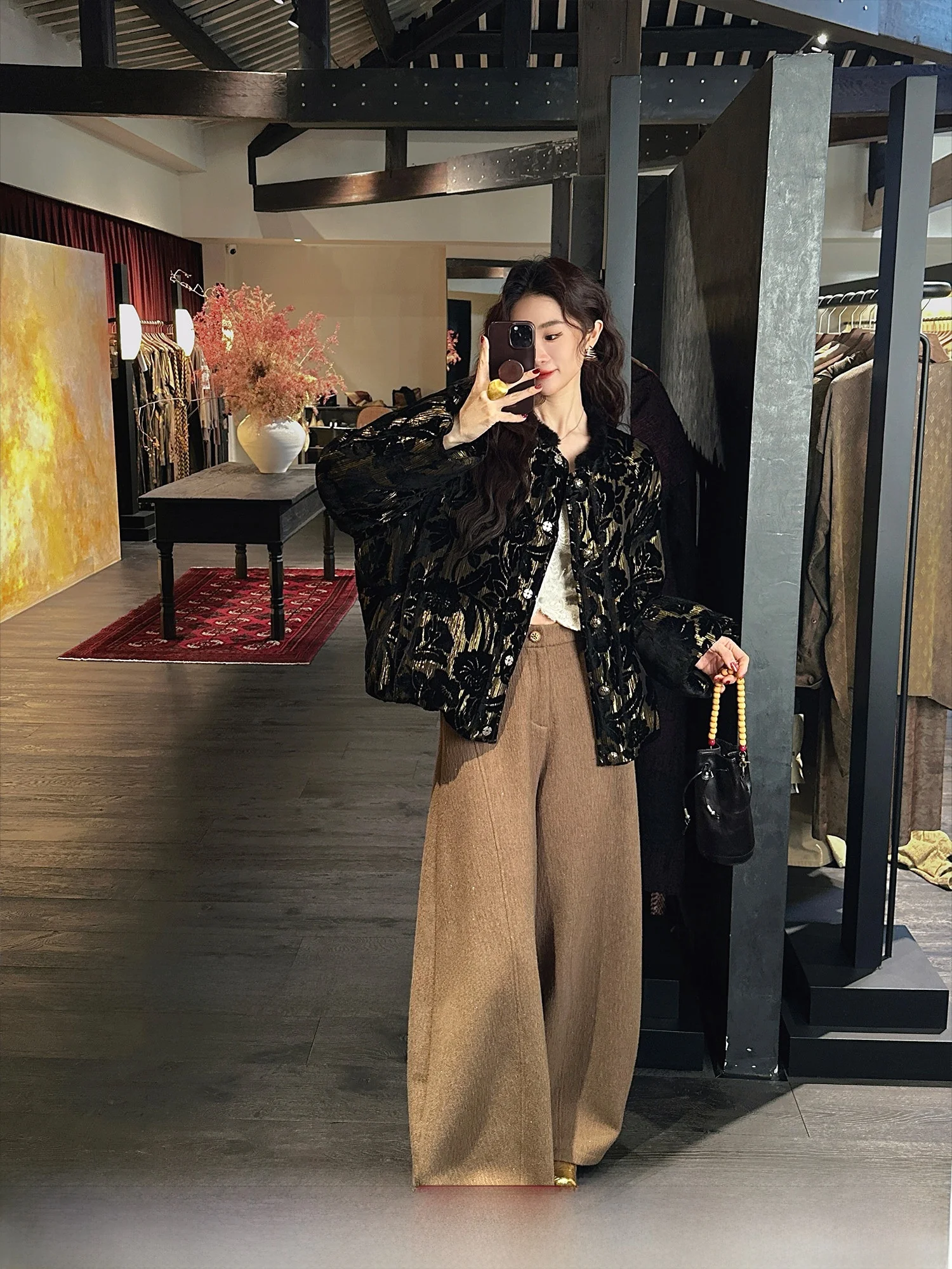 

Широкие брюки Sanji Bla Flower Winter из утолщенной шерсти, с перекрестными шнурами, для повседневной носки, простой дизайн, эластичный пояс